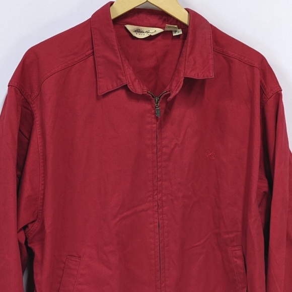 Vintage Eddie Bauer Red Denim Bomber Jacket With Plaid Trim, Full Zip, Large - Picture 1 of 12